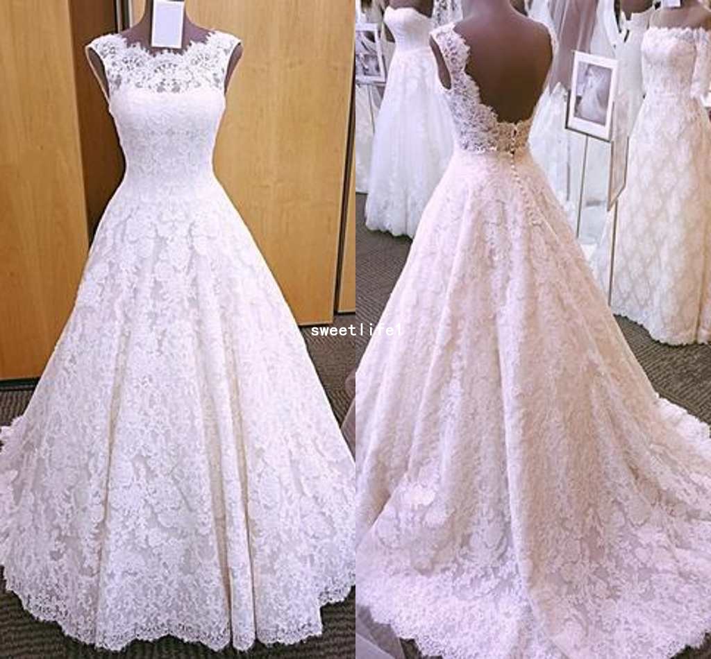 

Wedding Dresses 2019 Vintage Cap Sleeves Open Back Lace A Line Brush Train Cover Button Full Lace Bridal Gown Vesdios, Ivory