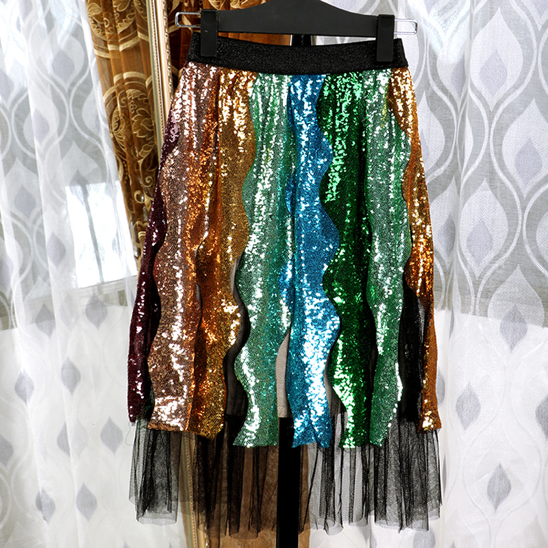 

Boho Inspired Sparkling Sequins Ladies Skirts womens sexy chic High Waist mesh Christmas party skirt 2018 Faldas Largas, As pic