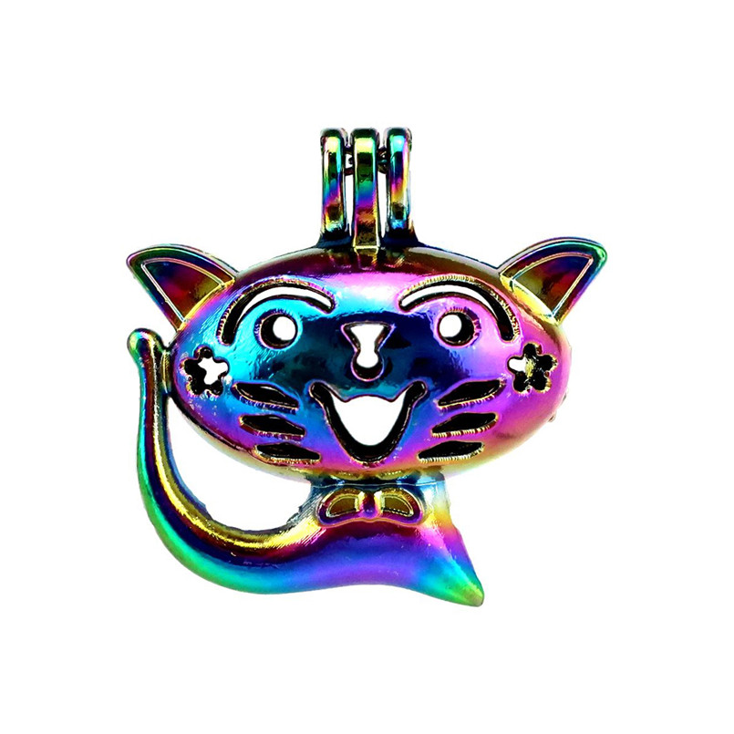 

10pcs/lot Rainbow Color Cute Cat Beads Cage Locket Pendant Diffuser Aromatherapy Perfume Essential Oils Diffuser, Silver