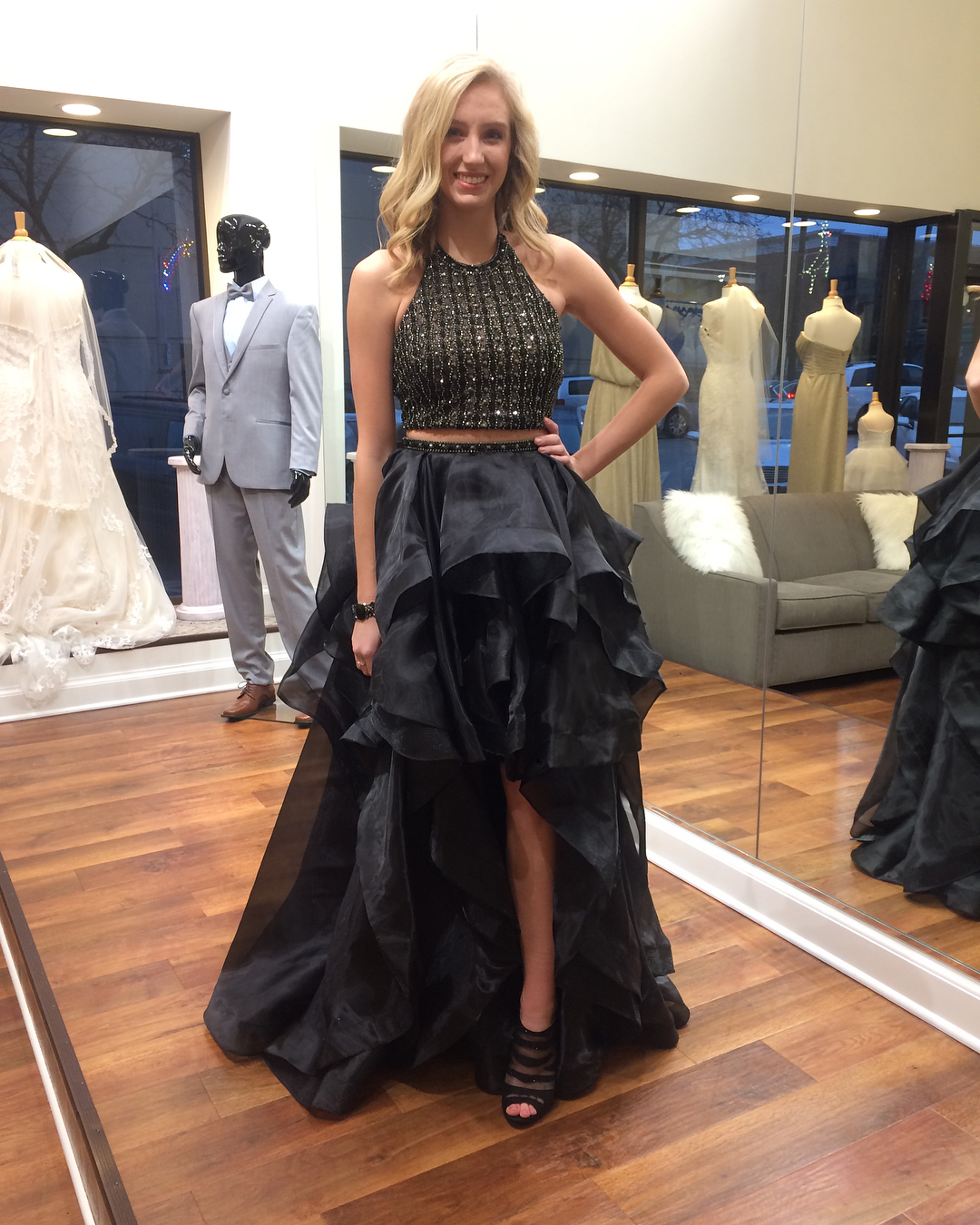 

Hi Lo Prom Dresses Two Pieces With Crystal Ruffles Beaded Sequins Organza Jewel Sheer Neck Cheap Short Front Long Back Evening Formal Dress, Dark navy