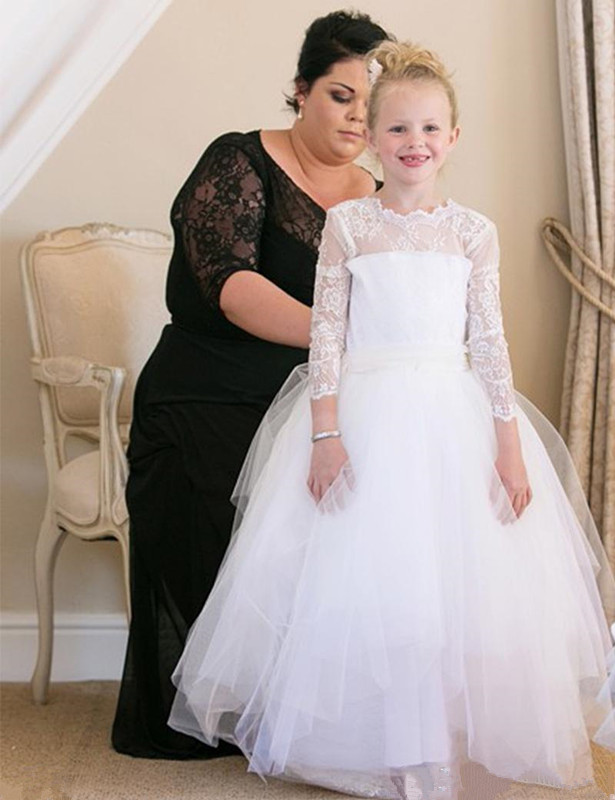 

2019 First White Communion Dresses Jewel Neck Lace Long Sleeves Little Girls Wedding Party Gowns Tulle Flower Girls Dress, Black