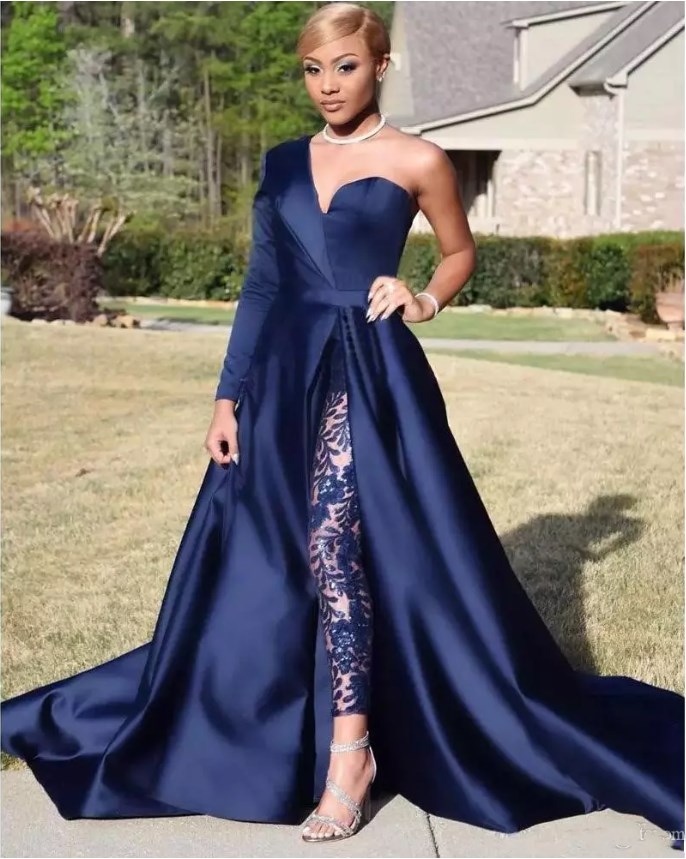 One Shoulder Long Sleeve Prom Dresses Pant Suits A Line Graduation Dresses Dark Navy Split Evening Party Dresses Jumpsuit Celebrity Gowns
