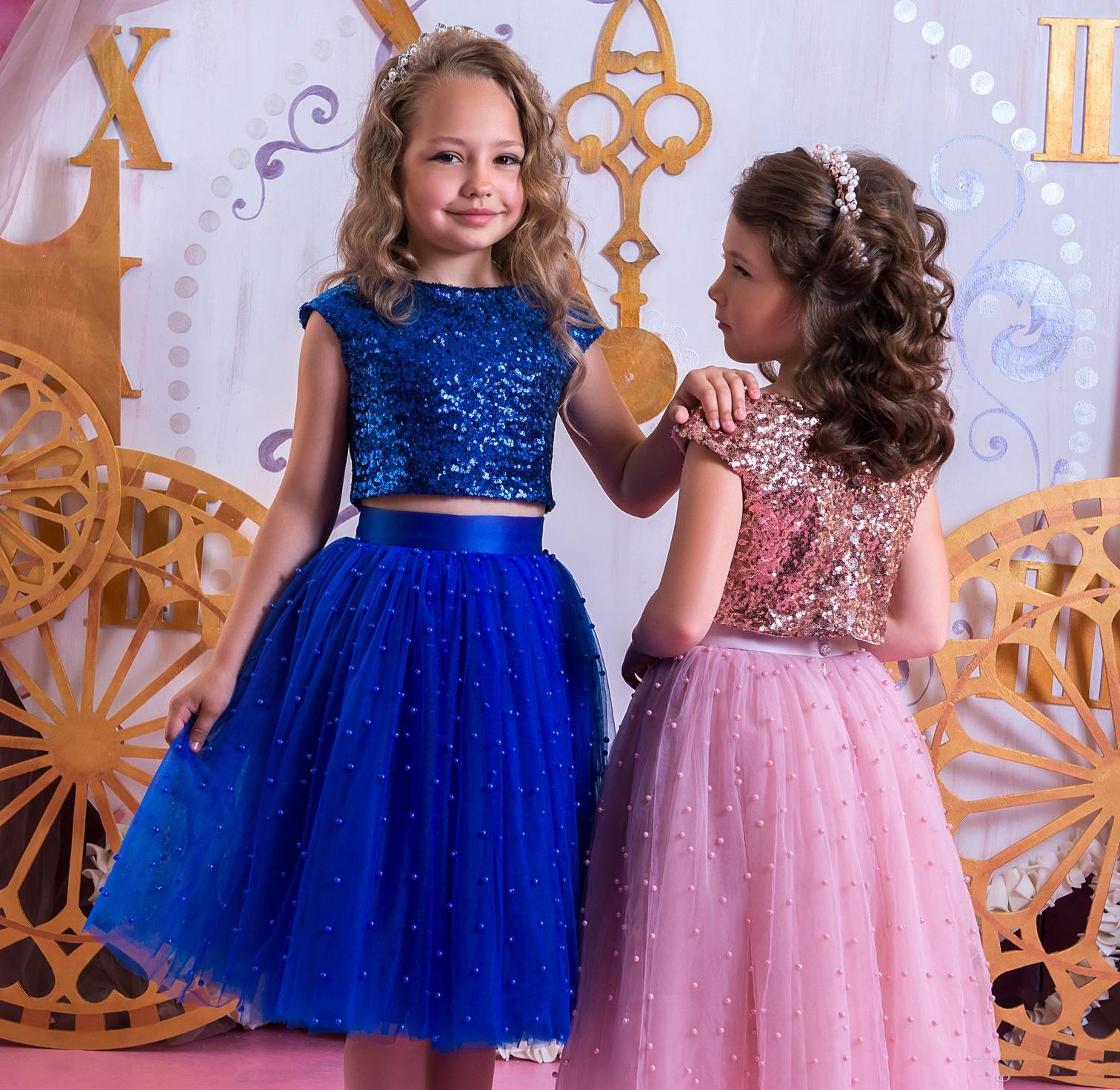 Sparkling Sequins Rose Pink and Royal Blue Two Piece Beads A Line Flower Girl Dresses Knee Length Wedding Prom Party Girl's Pageant Gowns