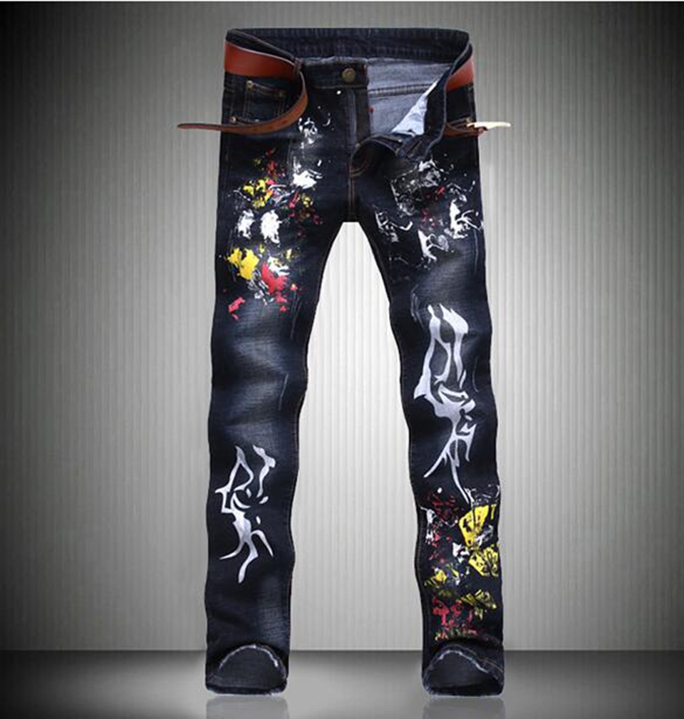 

Cultivate one's morality men in Europe and the han edition of the new fashion personality hand-painted splash-ink cowboy pants/XS-4xl, Blue