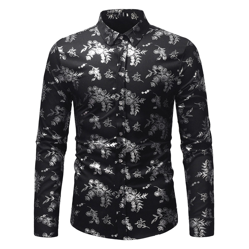 

Spring Autumn Mens Autumn Winter Luxury Fashion Lapel Printing Long Sleeve Shirt Top Blouse Drop Shipping, Black