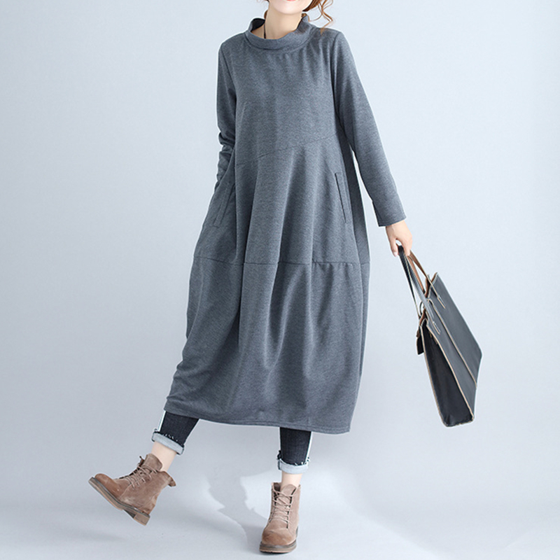 

Women Turtleneck Dress Brief Spring Autumn New Casual Long Sleeve Pullover Loose Robe Cotton Women Soft Dresses, Gray