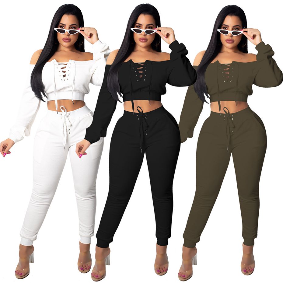 

Two Piece Set Black White Off Shoulder Long Sleeve Top and Pants Suit Sexy Club Outfits 2 Piece Matching Sets Tracksuits