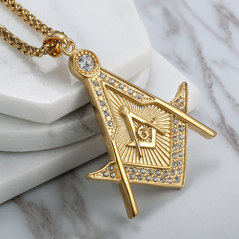 High quality 316 stainless steel gold religious freemason masonic pendant free mason emblem AG pendant necklace jewelry with crystal stones