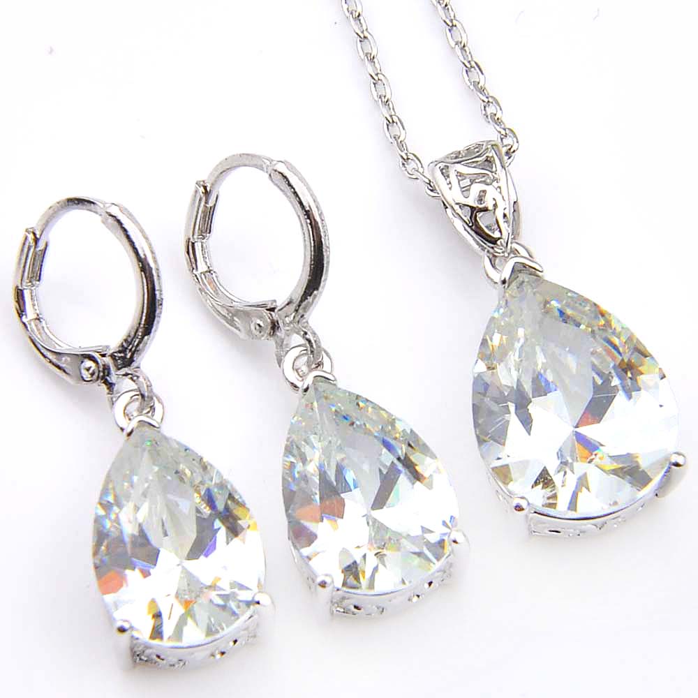 

Luckyshine 5 Sets Women Fashion Earring Pendants Sets White Topaz Crystal CZ 925 Silver Necklaces Pendants Earrings Wedding Jewelry Sets