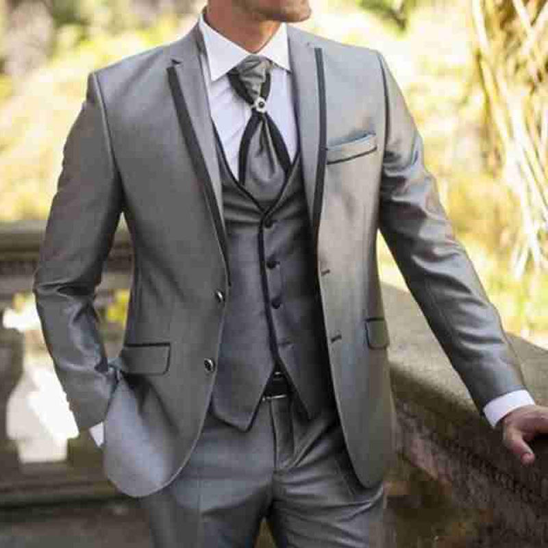 Gray Wedding Men Suits Three Piece Notched Lapel Formal Style Jacket Vest Pants Groom Tuxedos Latest Blazer