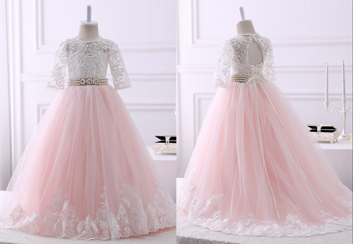 

2021 Blush Pink With Ivory Lace A line Flower Girls Dress Cheap Long Pearls Ribbon Keyhole Back Lace up Tulle First Communion Dress, Chocolate