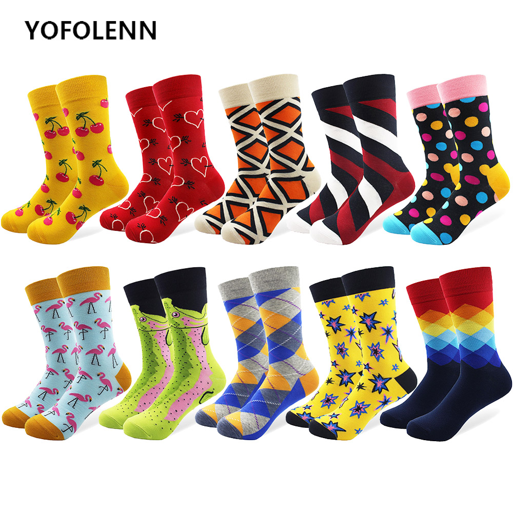 

10 Pairs/lot Men's Funny Colorful Combed Cotton Happy Socks Multi Pattern Argyle Stripe Cartoon Dot Novelty Skateboard Art Socks, 10-020-2