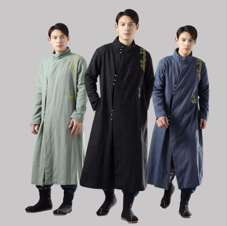 

Spring winter men's cotton ramie chenille Long robe silver buckle gold embroidered Large lammy Linen Cotton chinese long gown