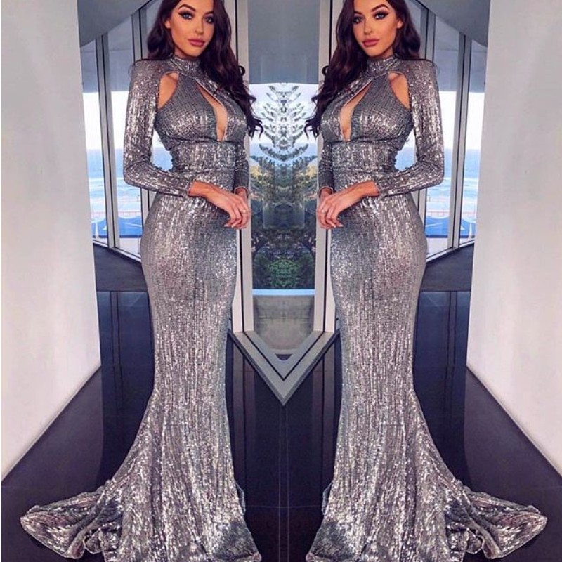 

Stylish Mermaid Sequined Prom Dresses High Neck Key-Hole Long Sleeves Formal Evening Gown Luxury Sequins Dubai Party Dress Cocktail Dresses, Gray