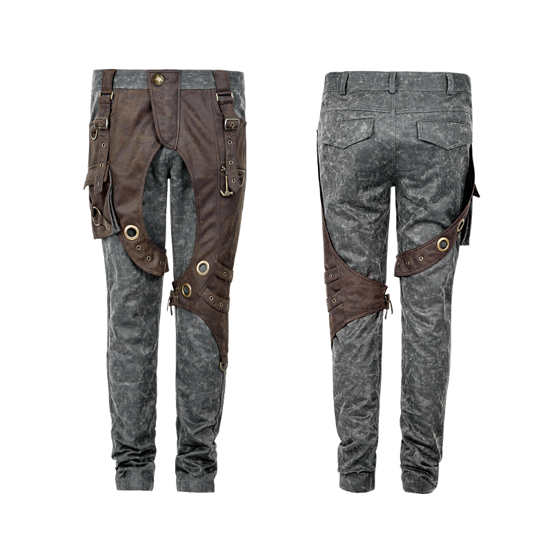 

Steam Punk Fashion Men's Pants Pocket Long Trousers Two Tone Causal Cargo Pants, Gray-coffee