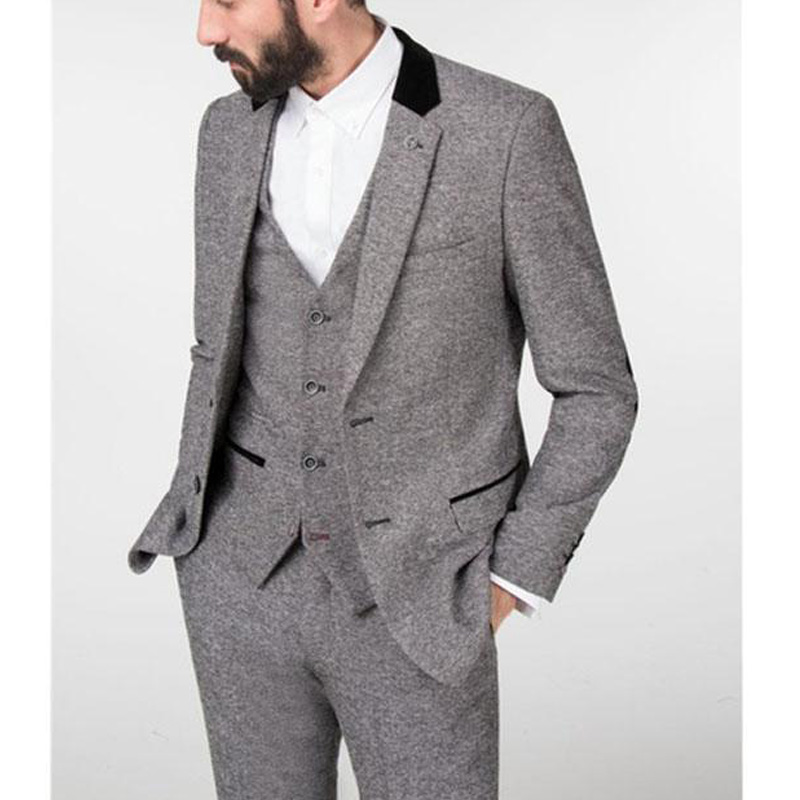 

Gray Winter Tweed Men Suit 2018 Tailed Made Wedding Groom Tuxedo Three Piece Costume Jacket Pants Vest Formal Style Blazer, Same as image
