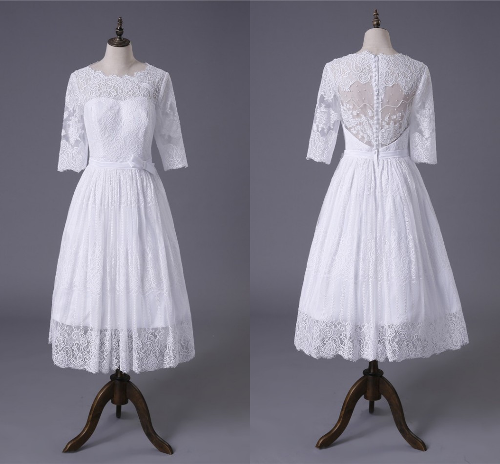 

Elegant Tea Length Wedding Dress Cheap 2018 Sheer Neck A line Lace Beaded Hollow Back With Long Sleeves Ribbon Wedding Bridal Gowns, Silver