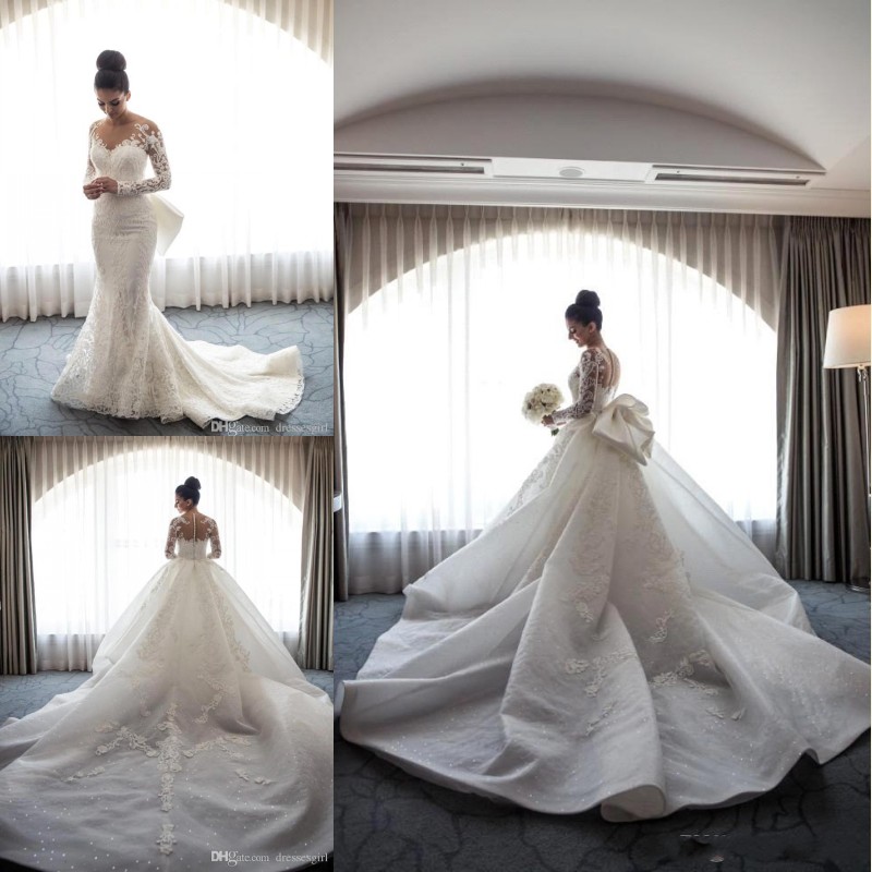 

2018 Arabic Gorgeous Mermaid Wedding Dresses with Detachable Long Train Illusion Long Sleeves Beaded Full Lace Bridal Gowns BA9665, Silver