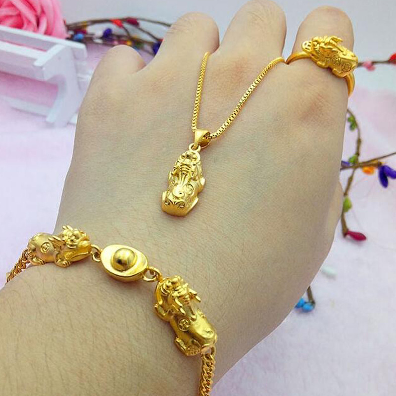 

3pcs Gold Plated 24K Emulation Jewelry Bracelet Transferred Lucky Ring Necklaces