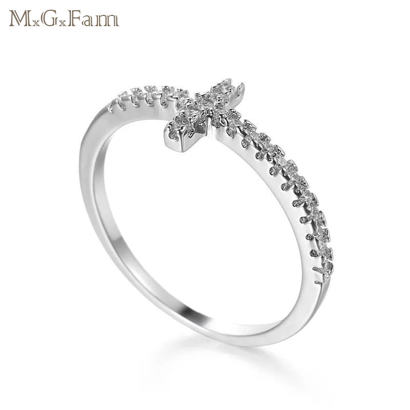 MGFam (209R) Slim White Cross CZ Rings For Women New 2018 Spring Europe Hot Sale Gold Plated Cubic Zircon