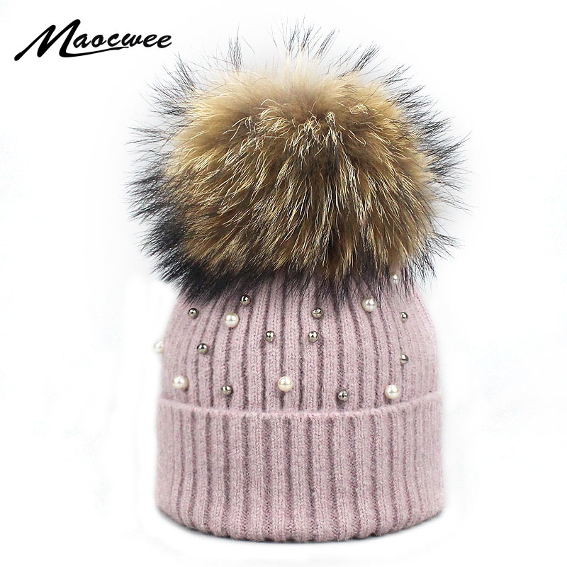 New Wool Beanies Women Real Natural Fur Pom Poms Fashion Pearl Knitted Hat Girls Female Beanie Cap Pompom Winter Hats for Women Y18102210