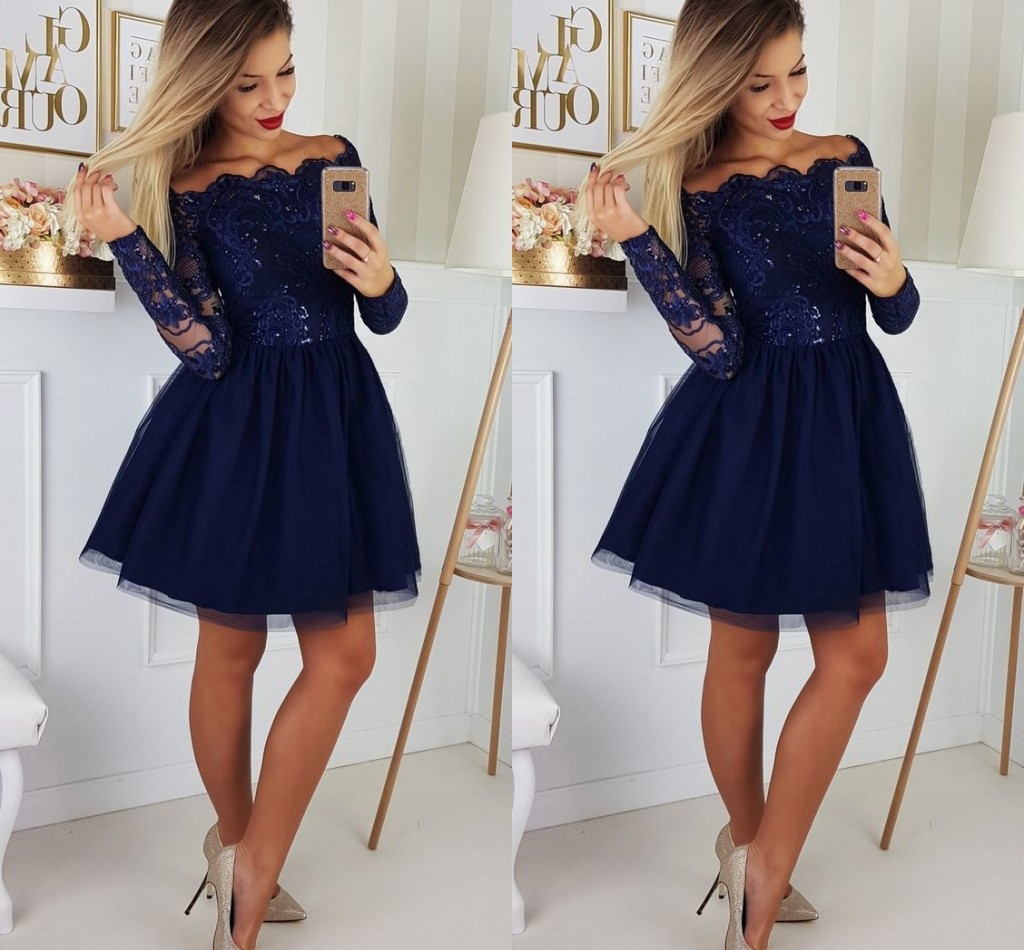 

Off The Shoulder Short Party Dresses With Long Sleeve Sequin Applique Draped Prom Dress Cocktail Homecoming Dress Cheap Navy Blue Dress, Green