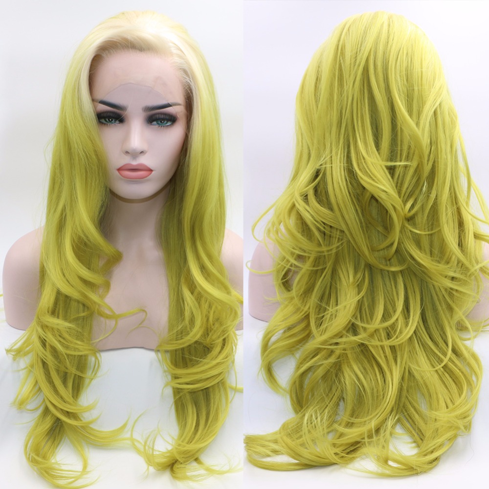 

Fantasy Beauty Long Wavy Ombre Lace Front Wig White Roots Ombre Yellow Green Synthetic Heat Resistant Full Wigs, Ombre color