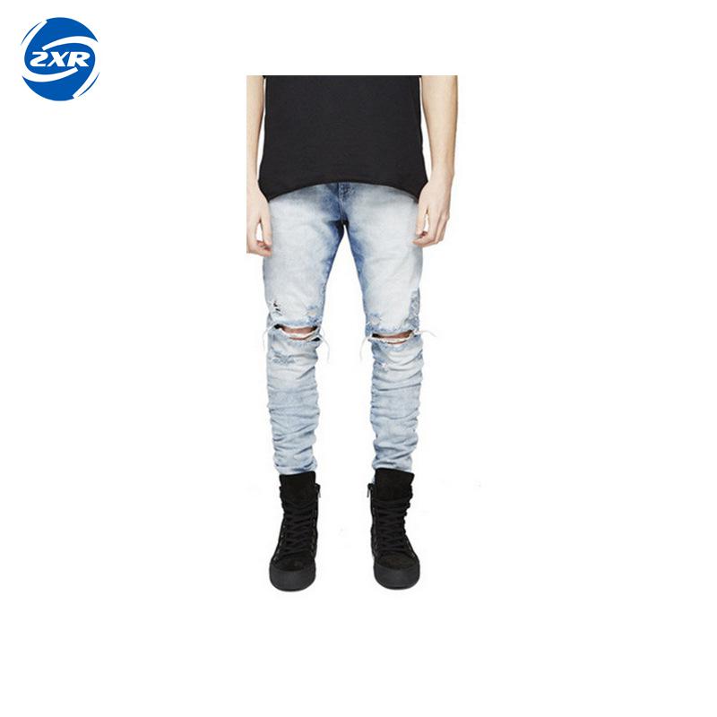 

Men's Knee Hole Zipper Biker Jeans Men Distressed Moto Denim Joggers Washed Pleated Destroyed Jean Pants Black Blue