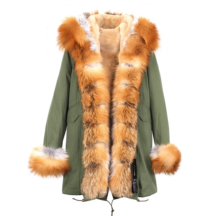 

Luxurious Jazzevar brown raccoon fur trim women fur jacket brown white fox and rabbit fur lining army green long parkas, Choose the model