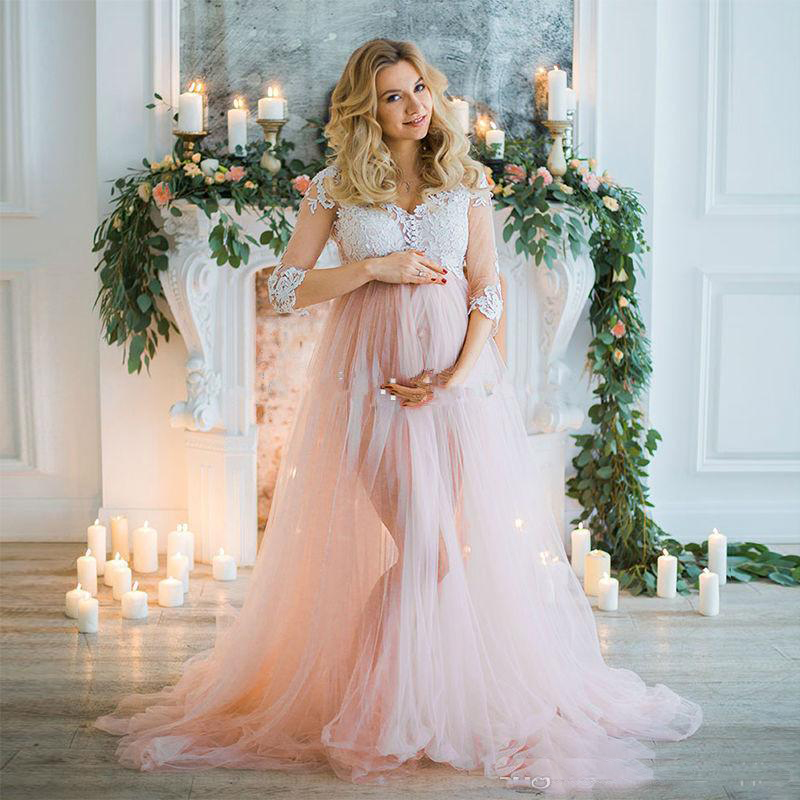

Charming A-Line Maternity Wedding Dresses With 3/4 Long Sleeves Lace Applique Tulle Sexy Front Split Plus Size Bridal Gowns vestido de noche, White