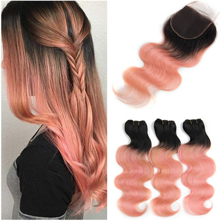 

#1B/Rose Gold Ombre Virgin Peruvian Hair 3 Bundles Deals with Closure Body Wave Ombre Pink Human Hair Weaves with 4x4 Lace Closure