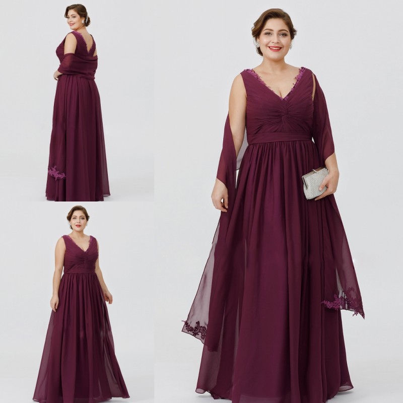 

Burgundy Plus Size Mother Of The Bride Dresses Simple Chiffon V Neck Floor Length Mothers Dress Formal Wear
