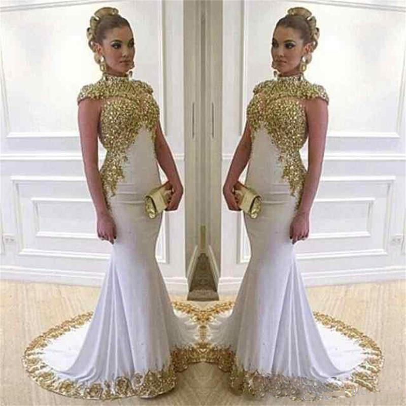 

Saudi Arabia Mermaid Evening Dresses Gold Lace Appliques Women Wear Shiny High Neck Cap Sleeve White Dubai Formal Prom Gowns Plus Size, Black