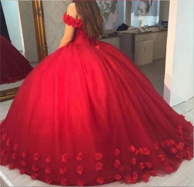 

2020 Red 3D-Floral Appliques Puffy Ball Gown Quinceanera Dresses Sweet 16 Off Shoulder Tulle Lace Up Back Corset Evening Party Pageant Dress, Hunter