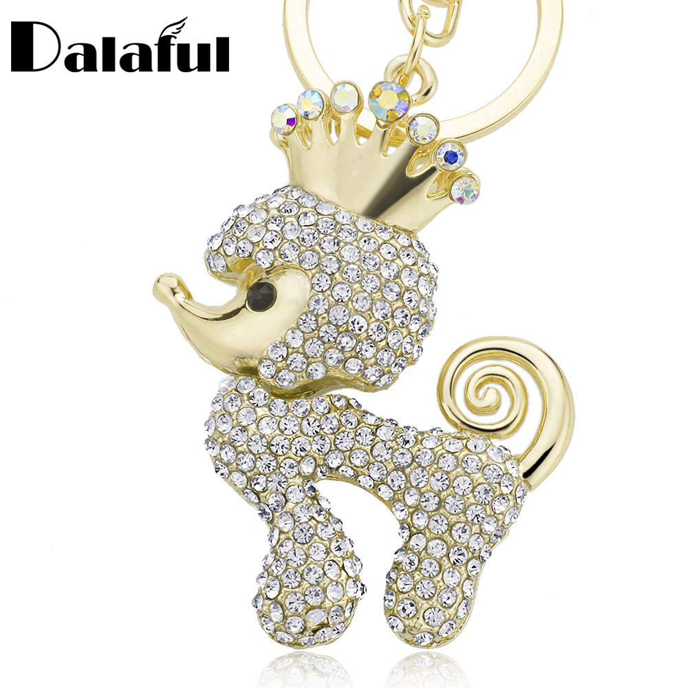 Key Rings Fashion Crown Poodle Dog Crystal Ring Chains Holder Bag Buckle Pendant For Car Keyrings KeyChains K308-image-429968359