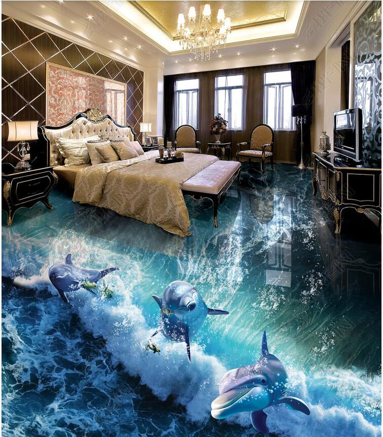

3d pvc flooring custom photo Waterproof floor wall sticker Dolphin surf ocean world 3D bathroom living room 3d wall murals wallpaper, Sky blue