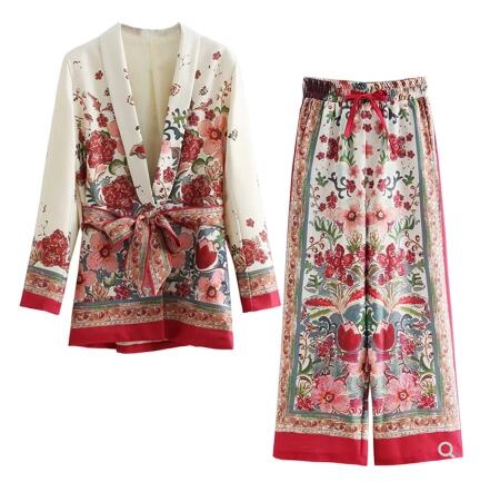 European fashion new design retro vacation women's long sleeve flower print sashes blazer coat and wide leg long pants twinset casual suit