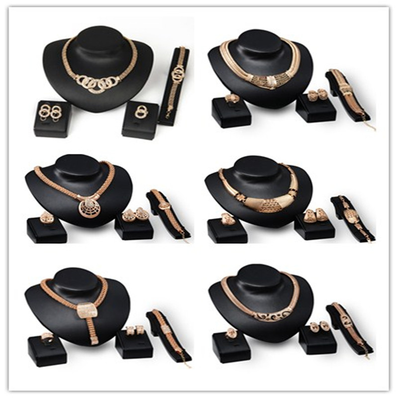 

Top Quality 18K Gold Plated Chunky Chain Statement Necklace Earrings Bracelet Ring Set For Women Crystal Wedding Jewelry Sets 6 Designs, Golden