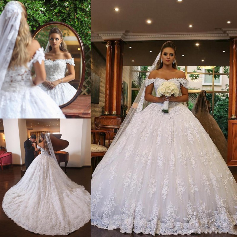 

Lace Off Shoulder Ball Gown Wedding Dresses 2018-2019 Spring Summer Bridal Gowns Custom Made Sweep Train Saudi Arabic Wedding Vestidos, Pink