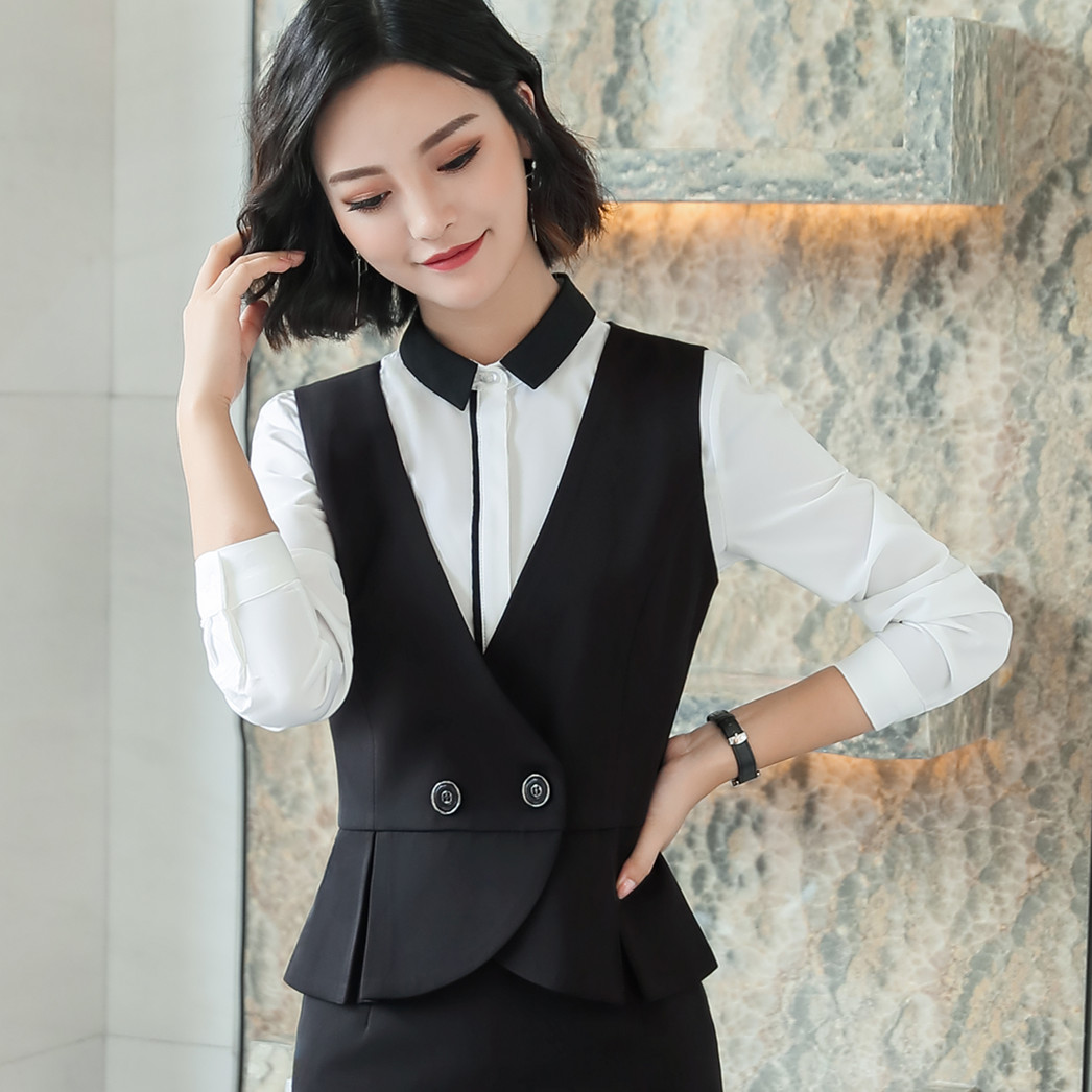 

New Plus Size 5XL Elegant Formal Women's Work Vest Black V-Neck Slim Female Double Breasted Vest Office Waistcoat for Women 6010, Black vest