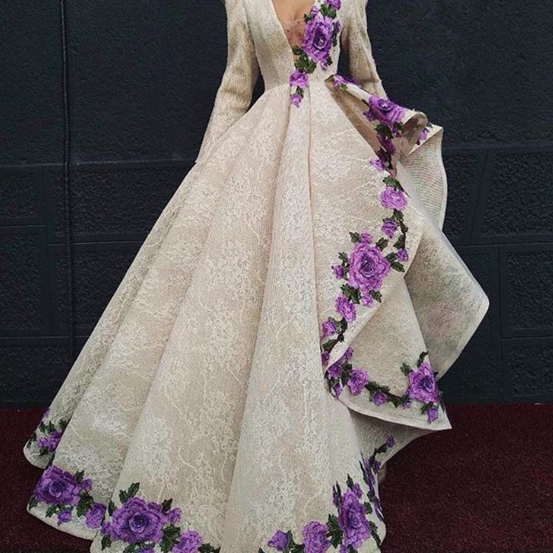 

Asymmetrical Lace Formal Prom Dresses Deep V-Neck Long Sleeve Embroidery Appliques Evening Dress Sexy Red Carpet Dress 2018 Party Gowns, Purple