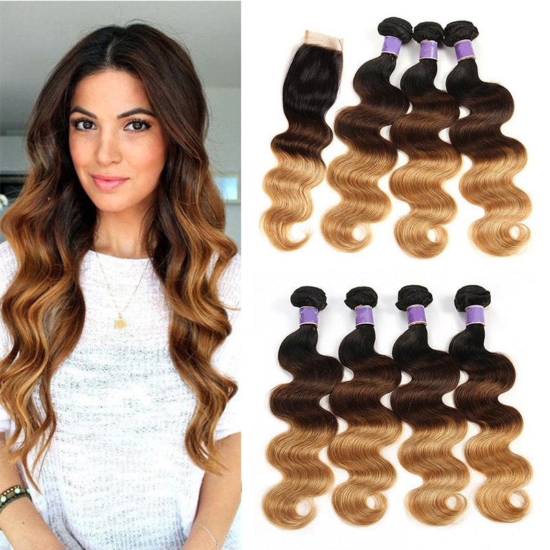 

1B/4/27# Dark Brown Brazilian Body Wave Ombre Human Hair Weave 3 Bundles with Lace Closure Colored Brazilian Virgin Hair Extensions, Ombre color
