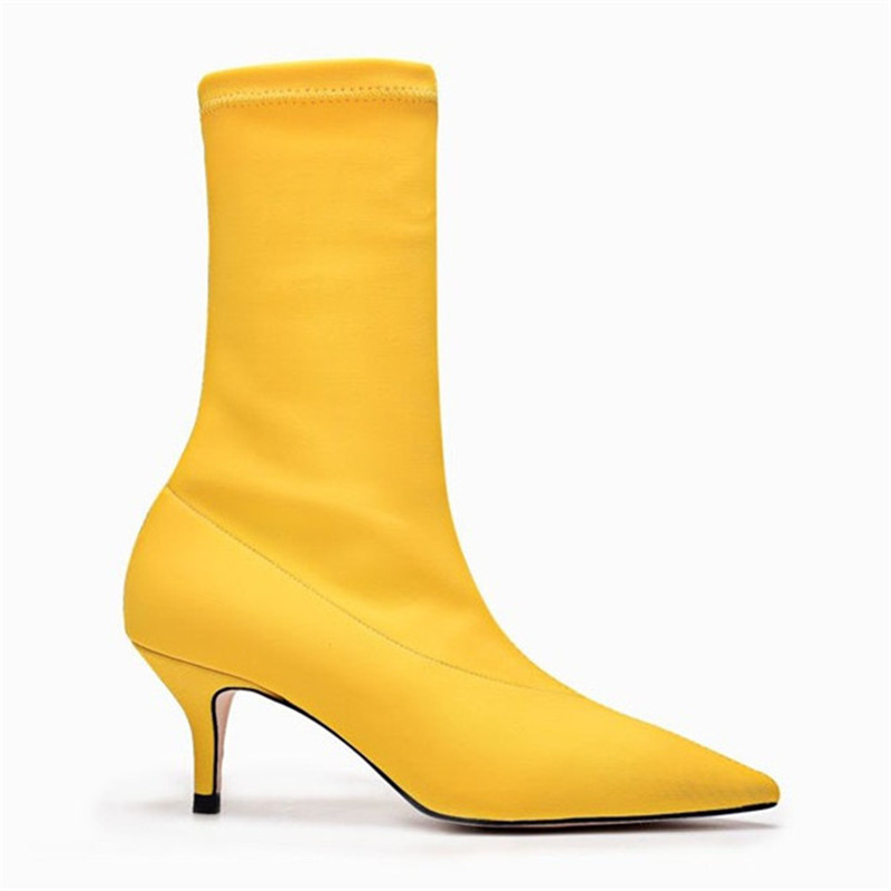 

Yellow red Sock Boots Pointed Toe Mid-Calf Boots women High Heels ankle Boots for women Stiletto shoes Botas Mujer, Black
