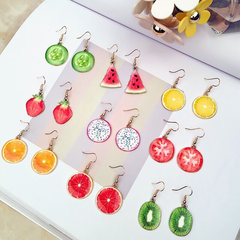 

Fashion fruit shaped earring lovely fruit apple watermelon strawberry kiwi earring for woman and girl free shipping