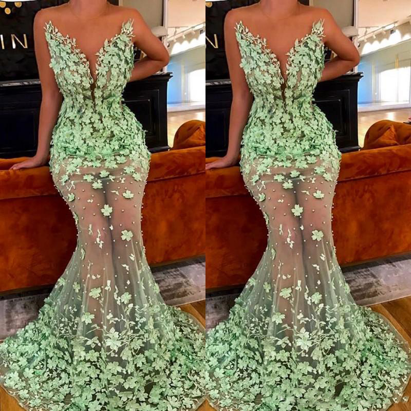 

Grass Green See Through Prom Dresses Sexy Sheer Neck Appliques Beaded Evening Gowns Mermaid Floor Length Tulle Formal Party Dress, Daffodil