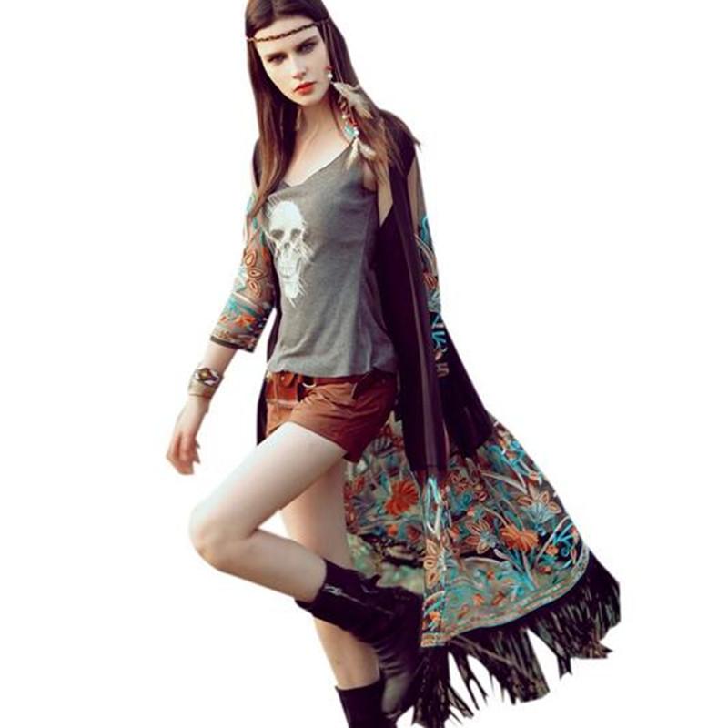 

Embroidered Floral Retro Long Women Kimono Cardigan Ethnic Style Chiffon Tops Blouse womens Cover Up Quarter Sleeve Tassel Hem Kimonos, Black