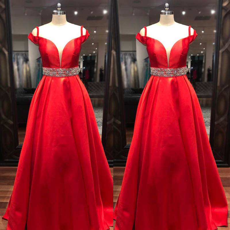 

Elegant Vestido Red Long Prom Dress A Line Plunging V Neck Beads Sash Satin Floor Length Custom Party Formal Evening Gown MP207, Silver
