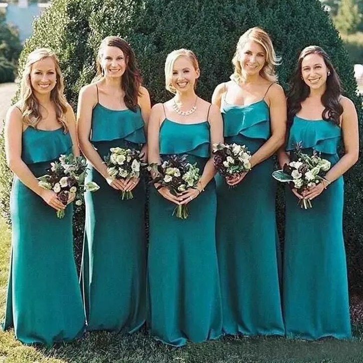 

Elegant 2018 Turquoise Chiffon Spaghetti Country Mermaid Bridesmaid Dresses Long Cheap Spaghetti Maid Of Honor Gowns Custom Made EN12252
