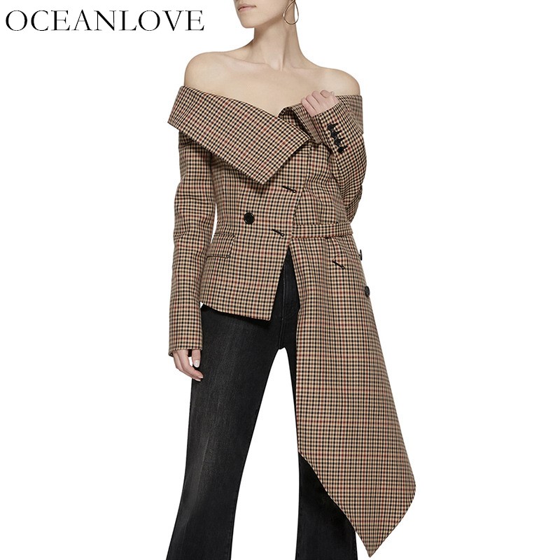 

Women' Suits & Blazers OCEANLOVE Plaid Irregular Off Shoulder Women Blazer Single Breasted Fake Pockets Lady Coat Autumn Asymmetrical Jacke, Khaki