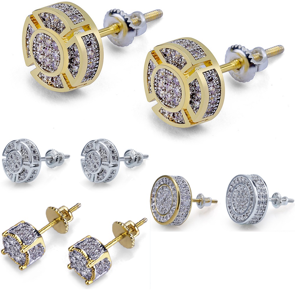 

3 Styles Iced out CZ Premium Diamond Cluster Zirconia Round Screw Back Stud Earrings for Men Hip Hop Jewelry, Golden;silver